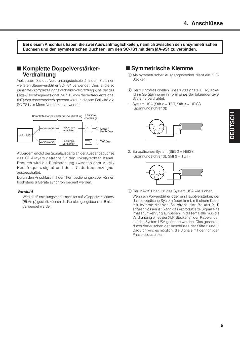 Deutsch, Anschlüsse, Komplette doppelverstärker- verdrahtung | Symmetrische klemme | Marantz MA-9S1N User Manual | Page 41 / 47