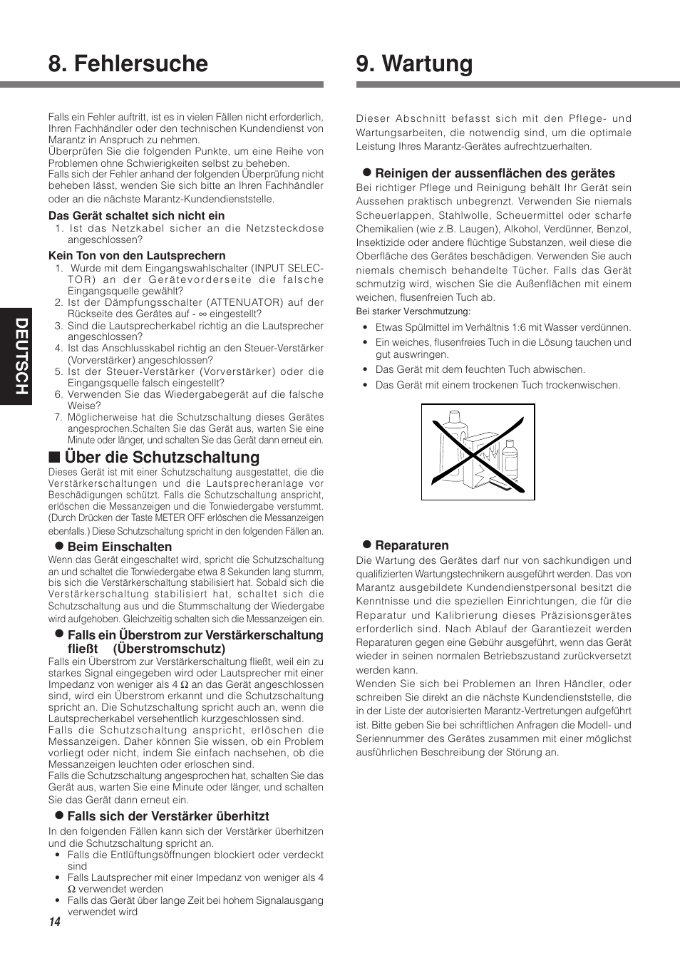 Fehlersuche, Wartung, Deutsch | Über die schutzschaltung | Marantz MA-9S1N User Manual | Page 46 / 47