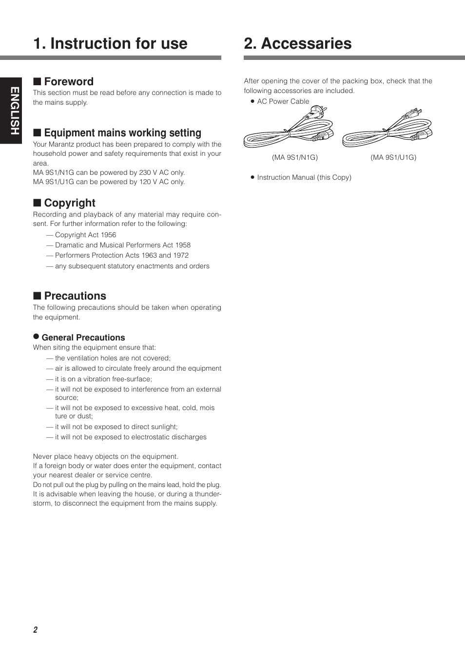 Instruction for use 2. accessaries, English, Foreword | Equipment mains working setting, Copyright, Precautions | Marantz MA-9S1N User Manual | Page 6 / 47