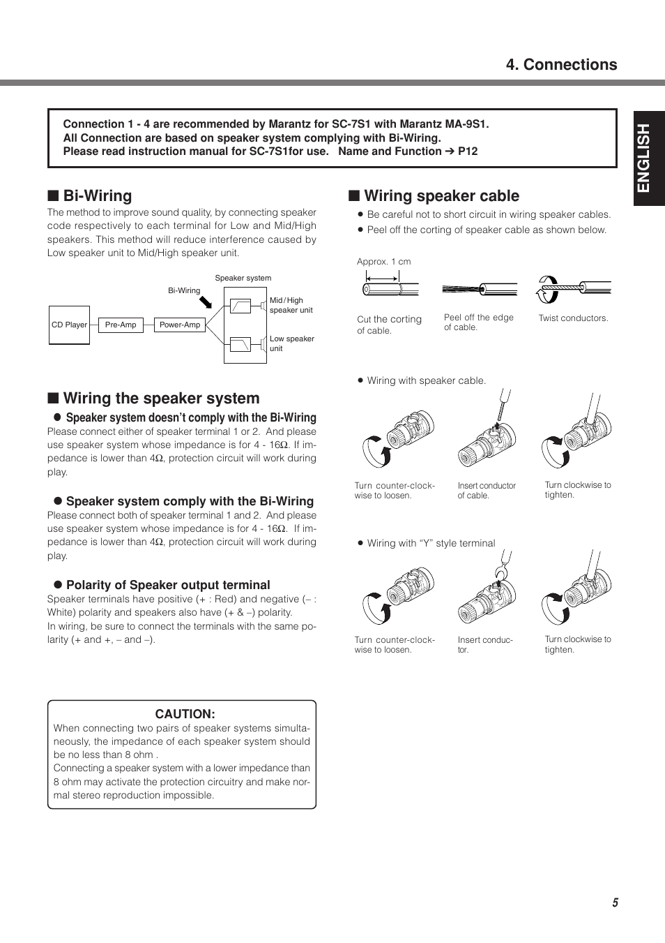 English, Bi-wiring, Wiring speaker cable | Wiring the speaker system, Connections | Marantz MA-9S1N User Manual | Page 9 / 47