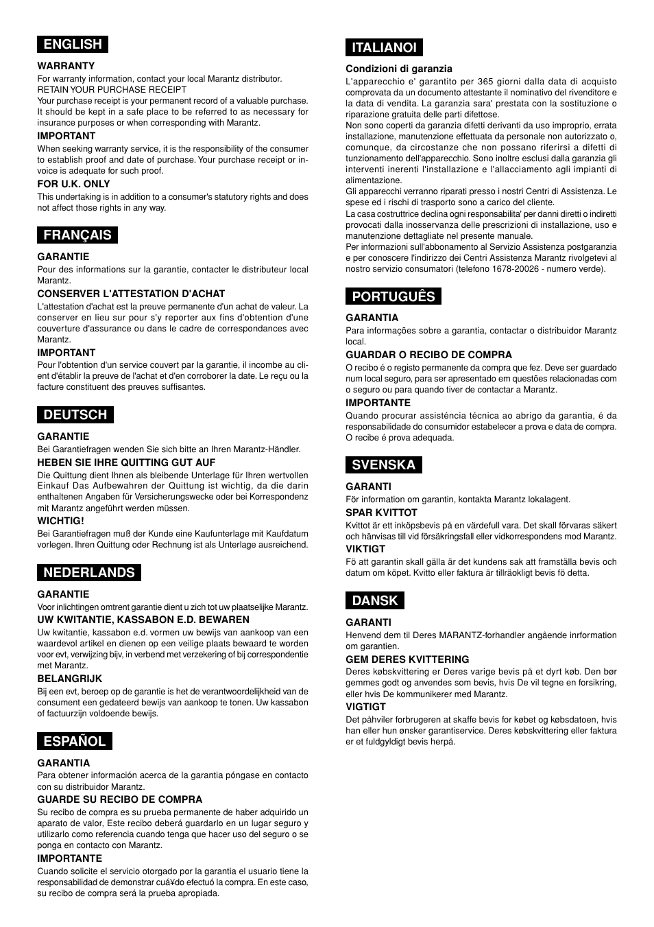English, Français, Deutsch | Nederlands, Español, Italianoi, Português, Svenska, Dansk | Marantz PM-14mkII User Manual | Page 2 / 14