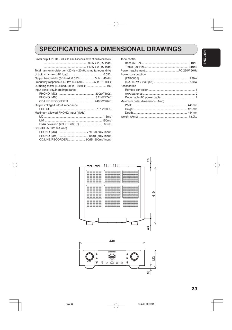 Specifications & dimensional drawings | Marantz PM-15S1 User Manual | Page 28 / 29