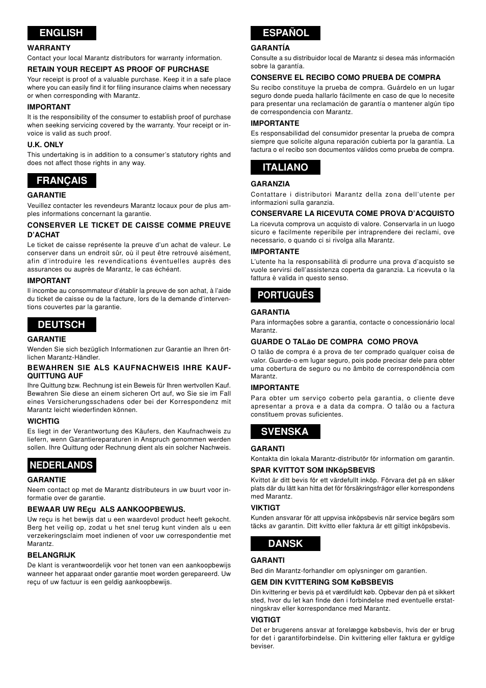 English, Français, Deutsch | Nederlands, Español, Italiano, Português, Svenska, Dansk | Marantz PM-17mkII User Manual | Page 2 / 15
