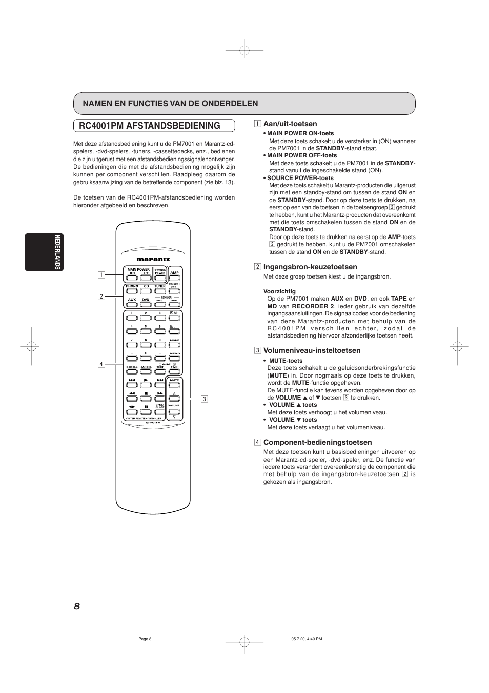 Rc4001pm afstandsbediening, Namen en functies van de onderdelen | Marantz PM7001 User Manual | Page 10 / 17