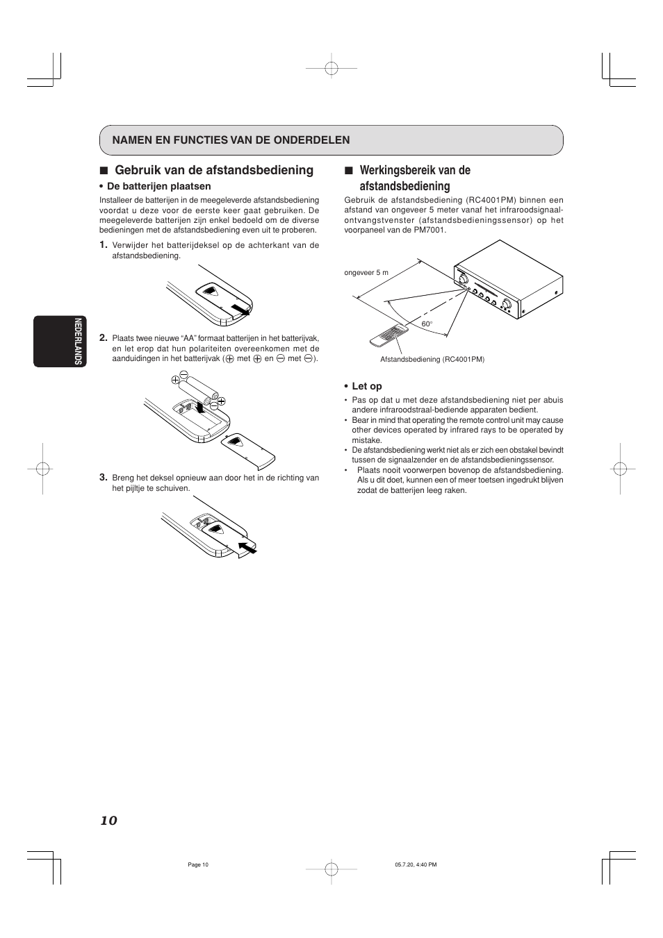 7 gebruik van de afstandsbediening, 7 werkingsbereik van de afstandsbediening | Marantz PM7001 User Manual | Page 12 / 17