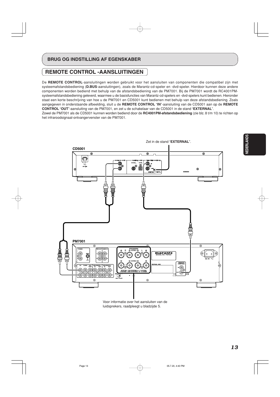 Remote control -aansluitingen, Brug og indstilling af egenskaber, Nederlands | Marantz PM7001 User Manual | Page 15 / 17