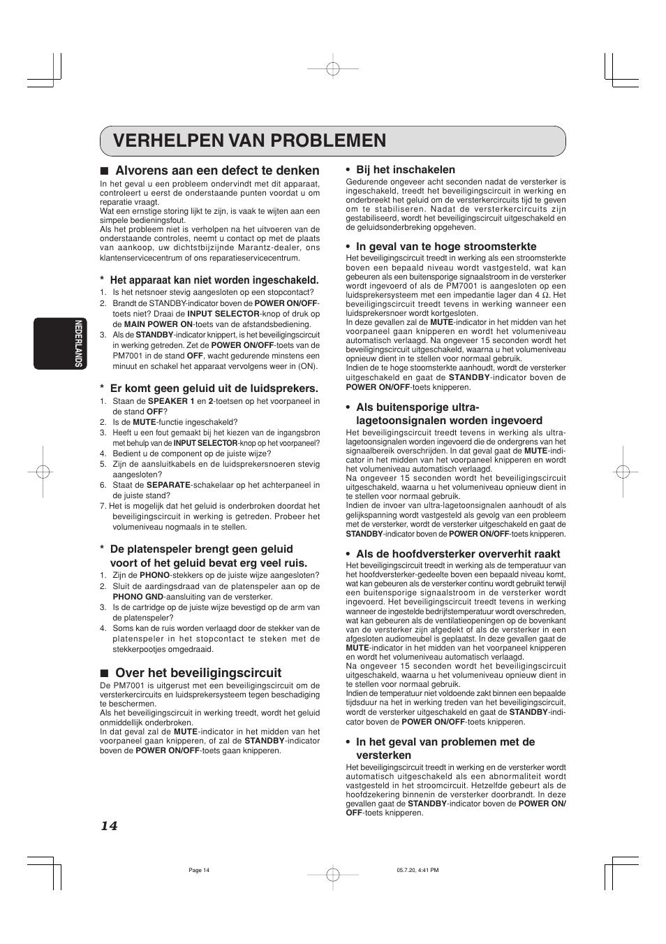 Verhelpen van problemen, 7 alvorens aan een defect te denken, 7 over het beveiligingscircuit | Marantz PM7001 User Manual | Page 16 / 17