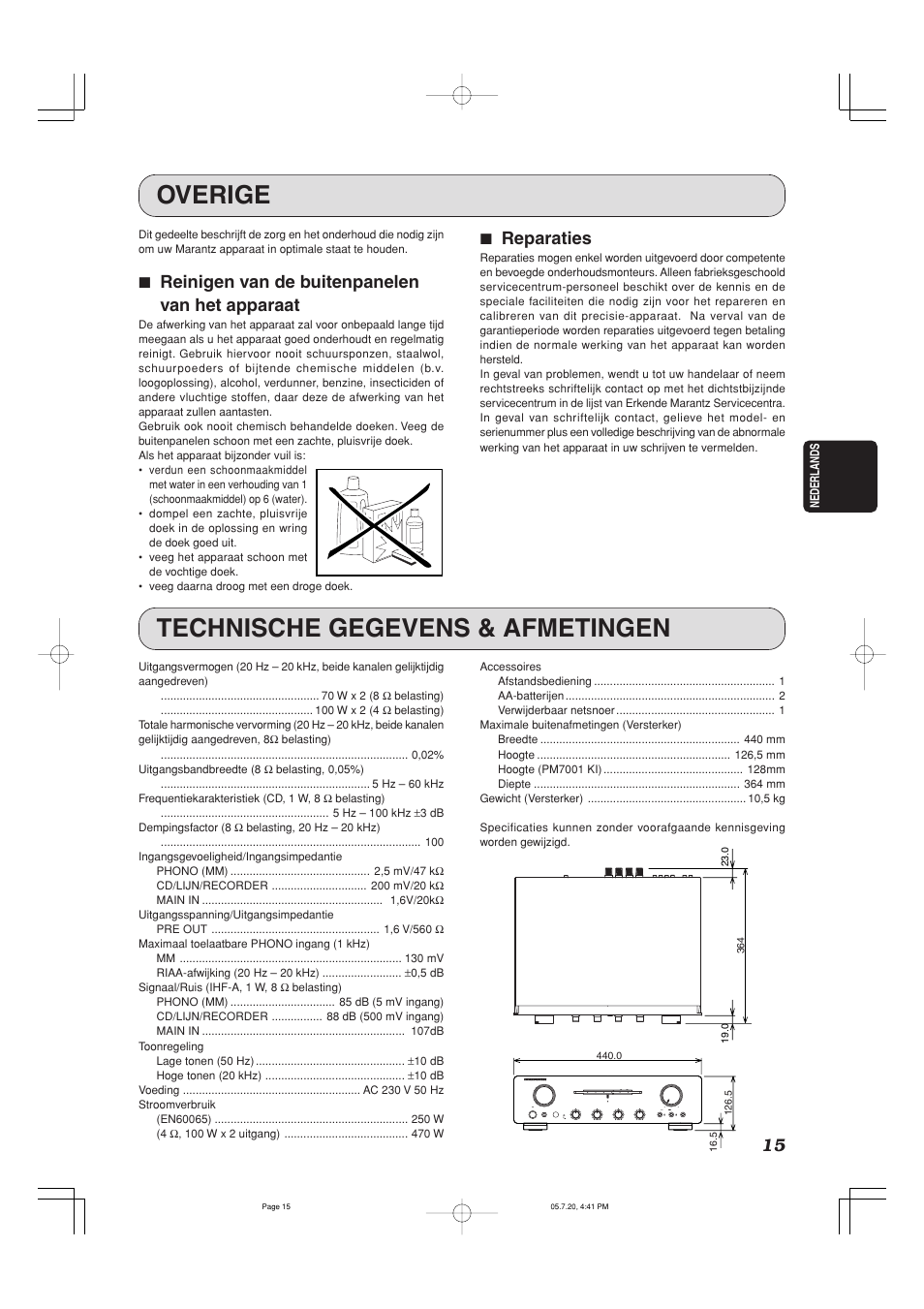 Overige, Technische gegevens & afmetingen, 7 reinigen van de buitenpanelen van het apparaat | 7 reparaties | Marantz PM7001 User Manual | Page 17 / 17