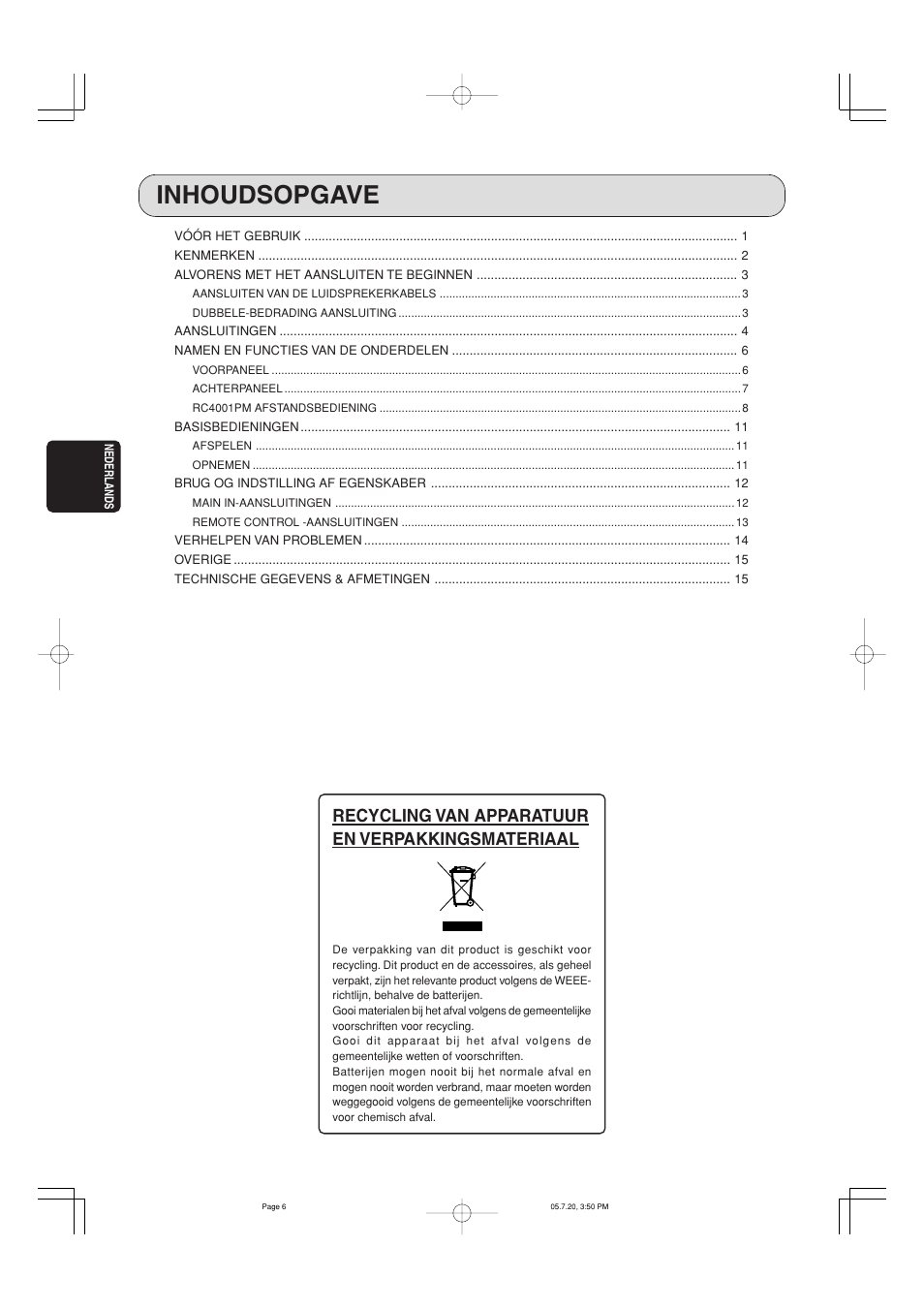 Inhoudsopgave, Recycling van apparatuur en verpakkingsmateriaal | Marantz PM7001 User Manual | Page 2 / 17