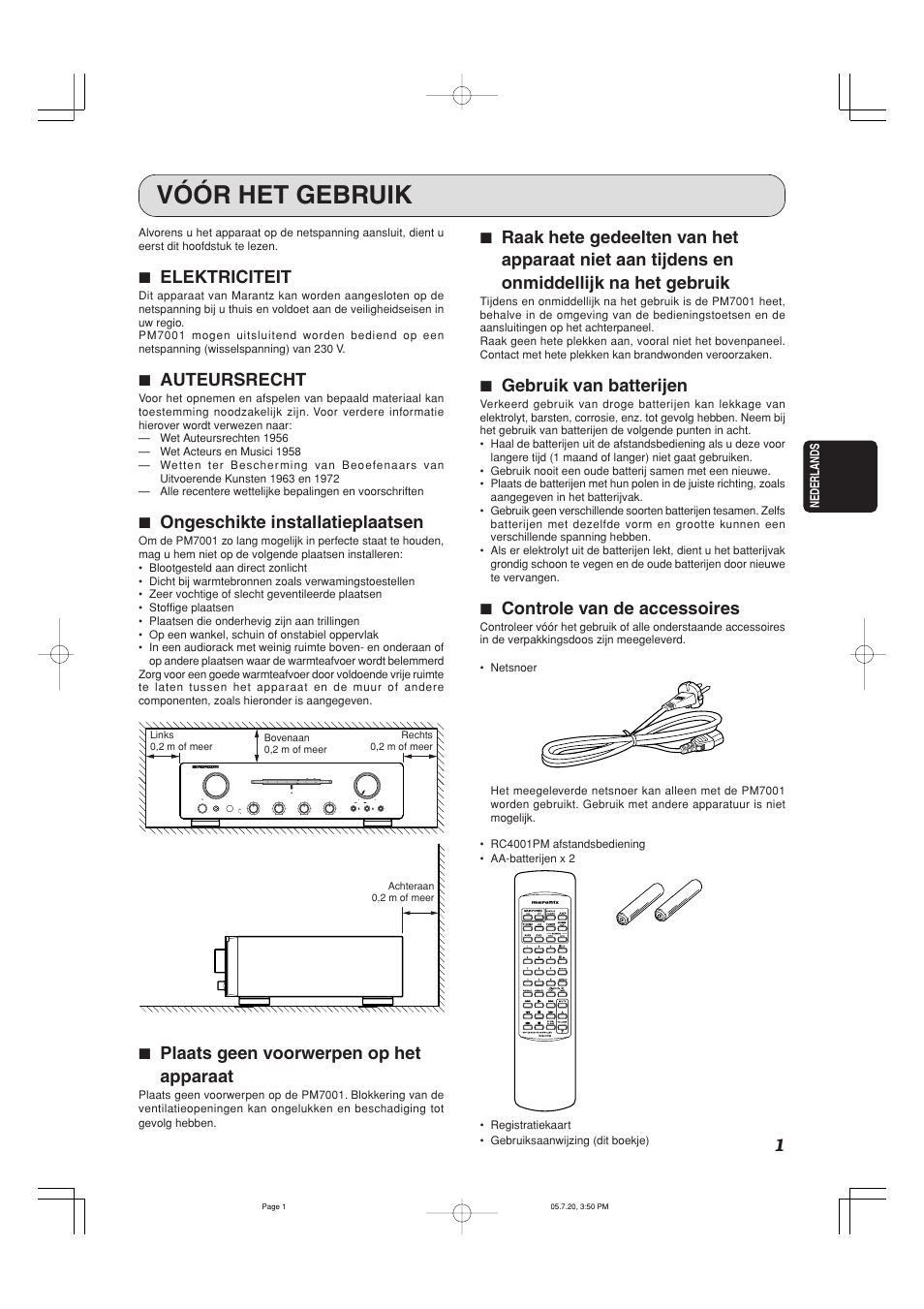 Vóór het gebruik, 7 elektriciteit, 7 auteursrecht | 7 ongeschikte installatieplaatsen, 7 plaats geen voorwerpen op het apparaat, 7 gebruik van batterijen, 7 controle van de accessoires | Marantz PM7001 User Manual | Page 3 / 17