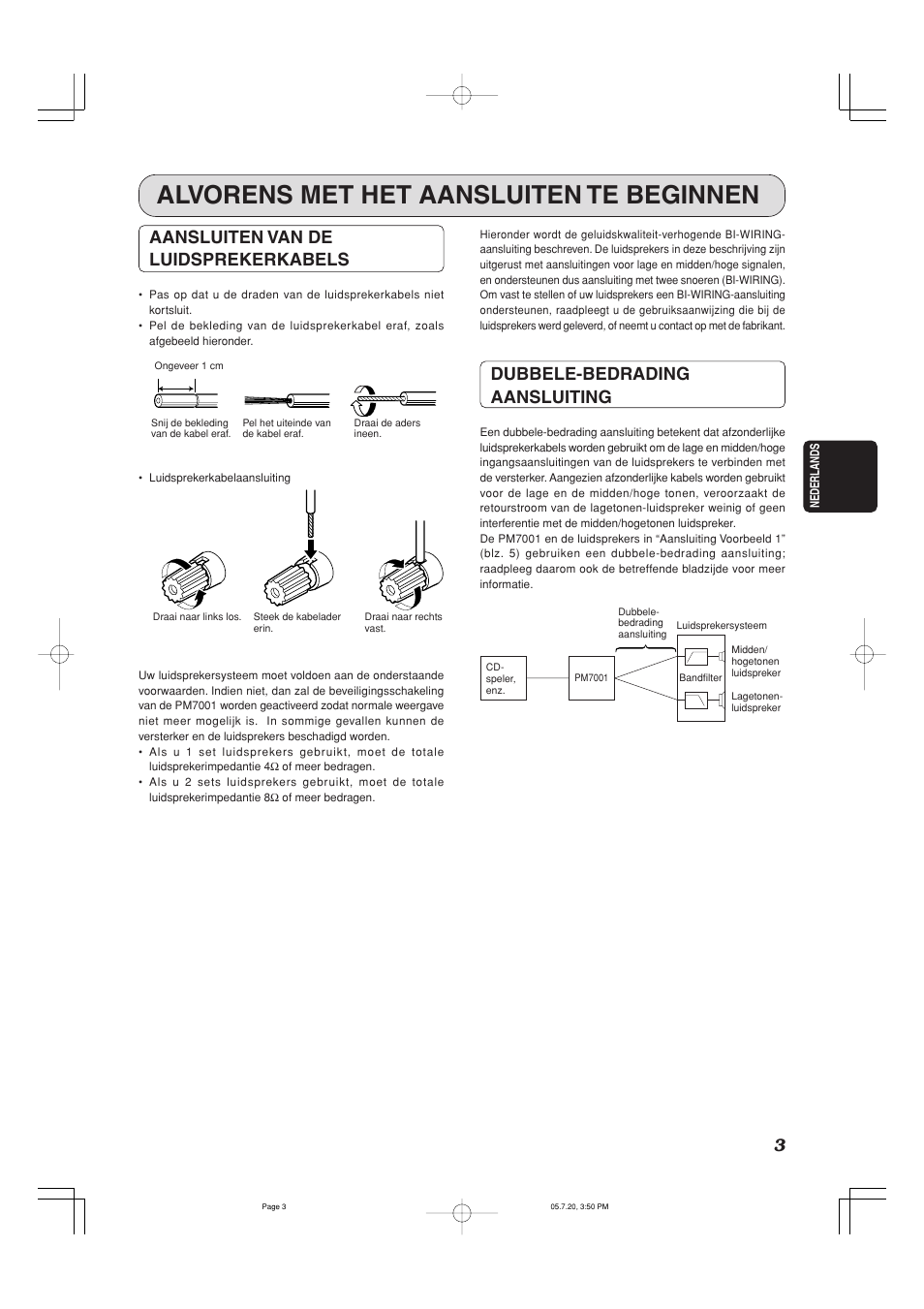 Alvorens met het aansluiten te beginnen, Aansluiten van de luidsprekerkabels, Dubbele-bedrading aansluiting | Marantz PM7001 User Manual | Page 5 / 17