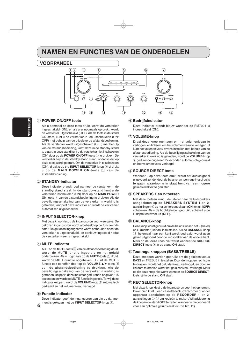 Namen en functies van de onderdelen, Voorpaneel, Phones | W standby-indicator, E input selector-knop, R mute-indicator, T functie-indicator, Y bedrijfsindicator, U volume-knop, I source direct-toets | Marantz PM7001 User Manual | Page 8 / 17