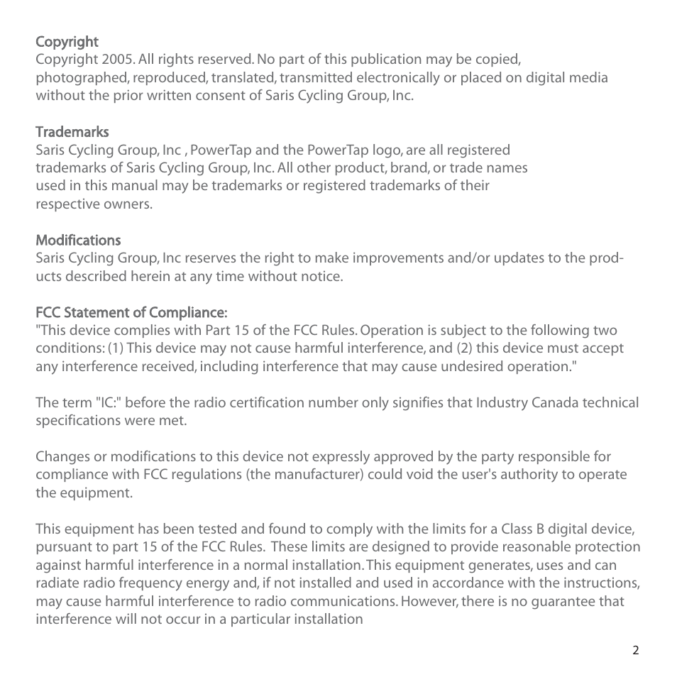 CycleOps PowerTap User Manual | Page 2 / 40