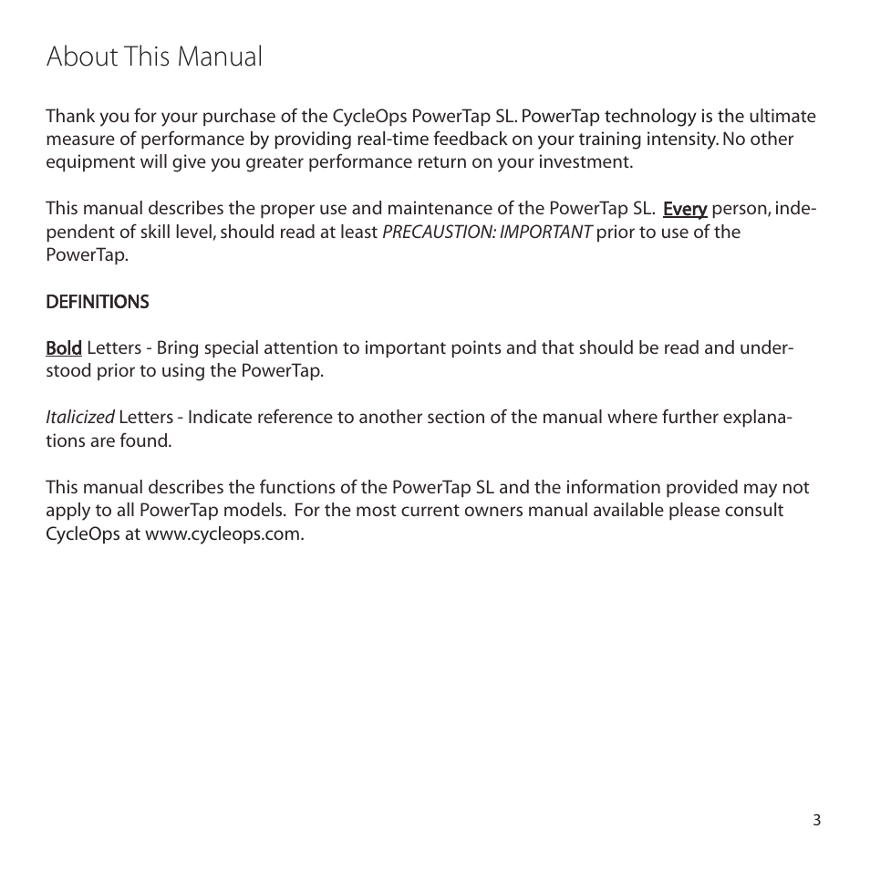 About this manual | CycleOps PowerTap User Manual | Page 3 / 40