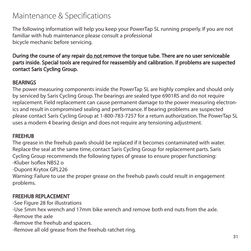 Maintenance & specifications | CycleOps PowerTap User Manual | Page 31 / 40