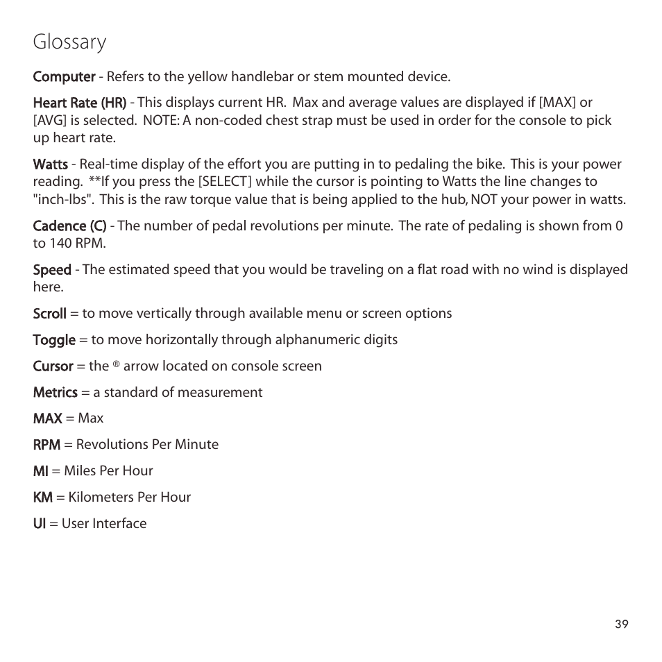 Glossary | CycleOps PowerTap User Manual | Page 39 / 40