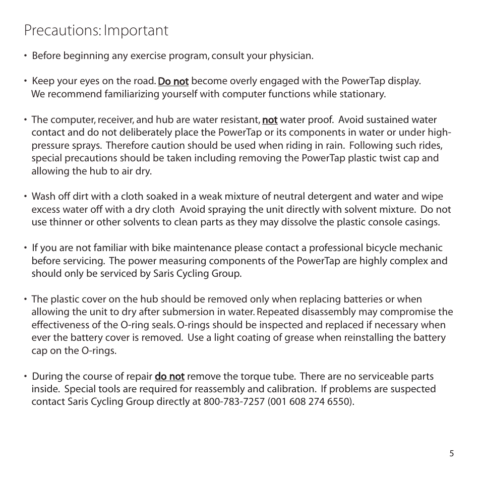 Precautions: important | CycleOps PowerTap User Manual | Page 5 / 40