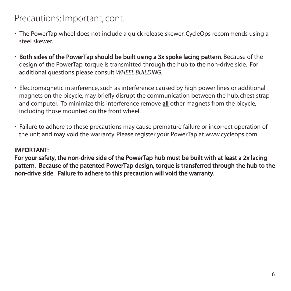 Precautions: important, cont | CycleOps PowerTap User Manual | Page 6 / 40