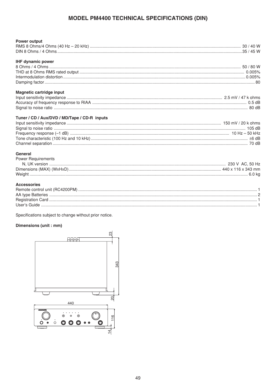 Model pm4400 technical specifications (din) | Marantz PM4400 User Manual | Page 10 / 13