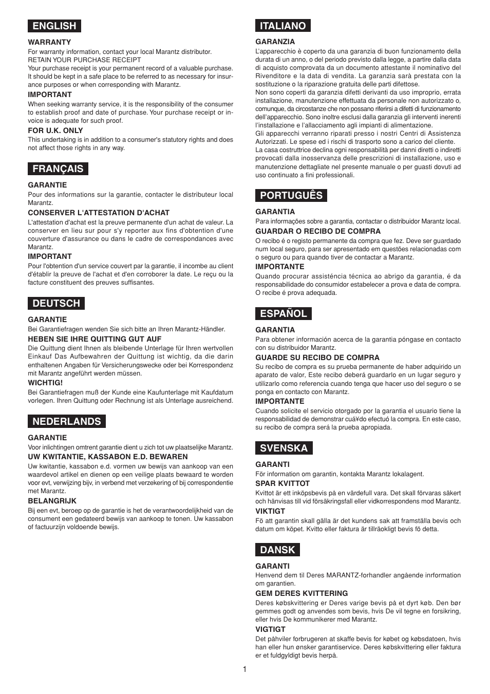 English, Français, Deutsch | Nederlands, Italiano, Português, Español, Svenska, Dansk | Marantz PM4400 User Manual | Page 2 / 13