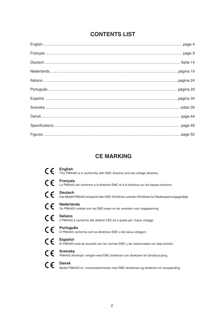 Contents list, Ce marking | Marantz PM4400 User Manual | Page 3 / 13