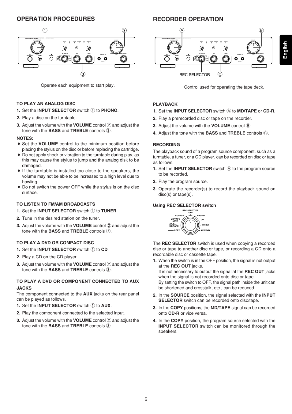 Recorder operation, Operation procedures, 6english english | On off on off, On off, Rec selector | Marantz PM4400 User Manual | Page 7 / 13