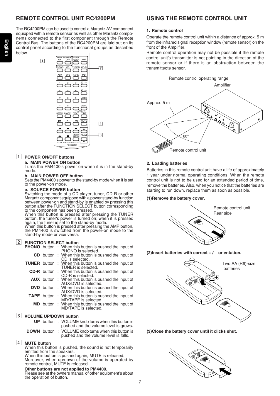 Remote control unit rc4200pm, Using the remote control unit, 7english english | Marantz PM4400 User Manual | Page 8 / 13