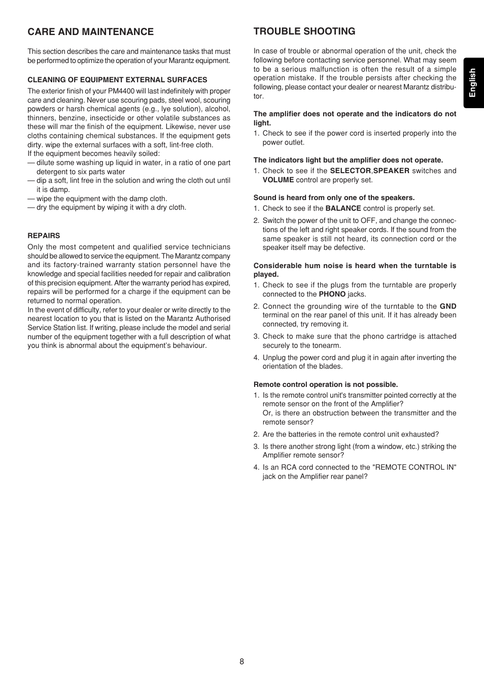 Care and maintenance, Trouble shooting | Marantz PM4400 User Manual | Page 9 / 13