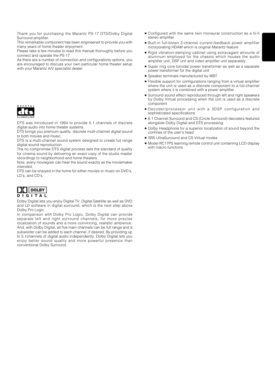 Introduction, Description, Features | Marantz PS-17 User Manual | Page 13 / 44