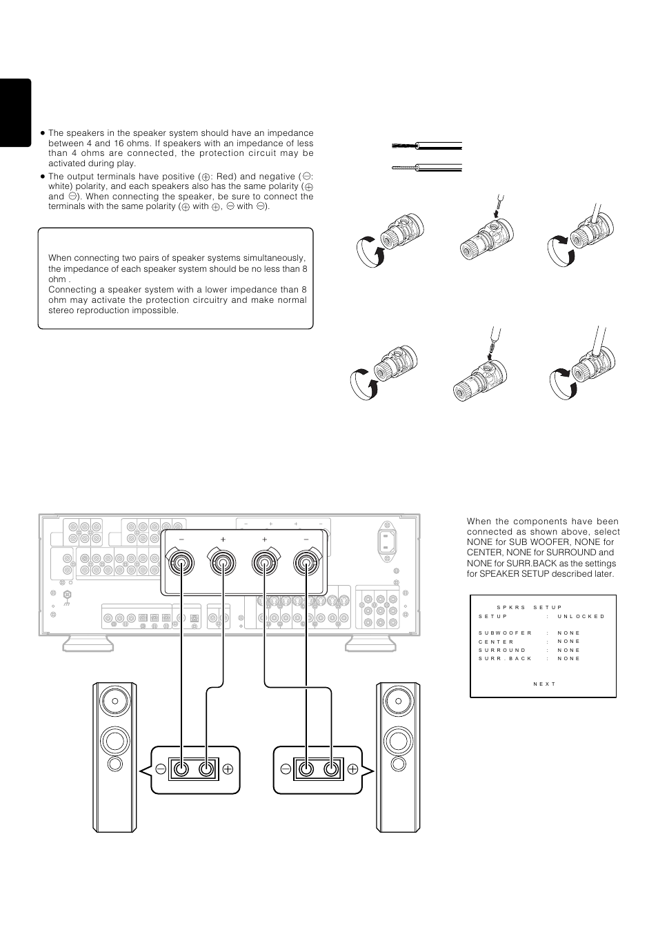 Positioning and connect- ing the speakers (basic), Connection of speaker systems, When using only the front left and right speakers | Connection of speaker cord, 8english, Caution, Front r front l | Marantz PS-17 User Manual | Page 18 / 44