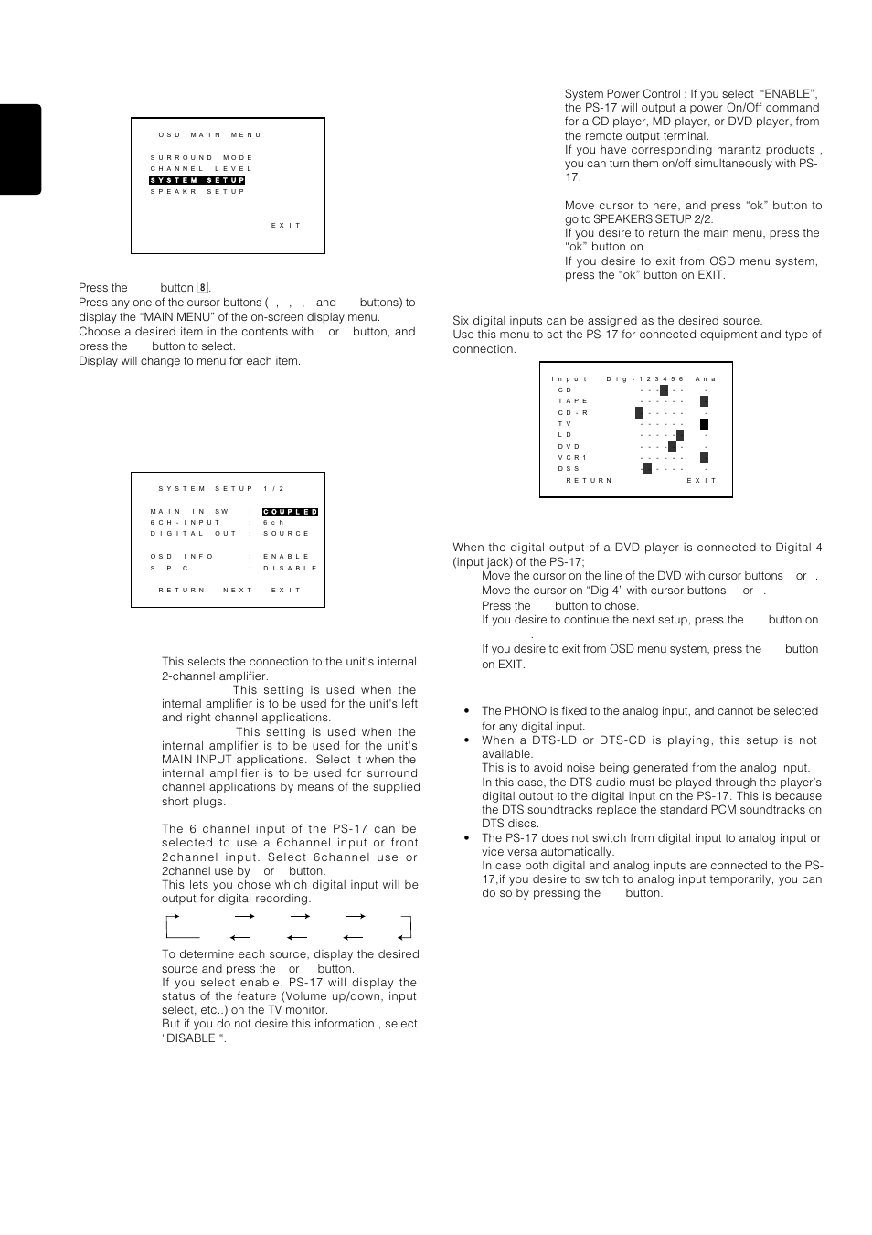 Osd main menu, System setup, 12 english | System setup 1/2, System setup 2/2 (selecting digital input) | Marantz PS-17 User Manual | Page 22 / 44