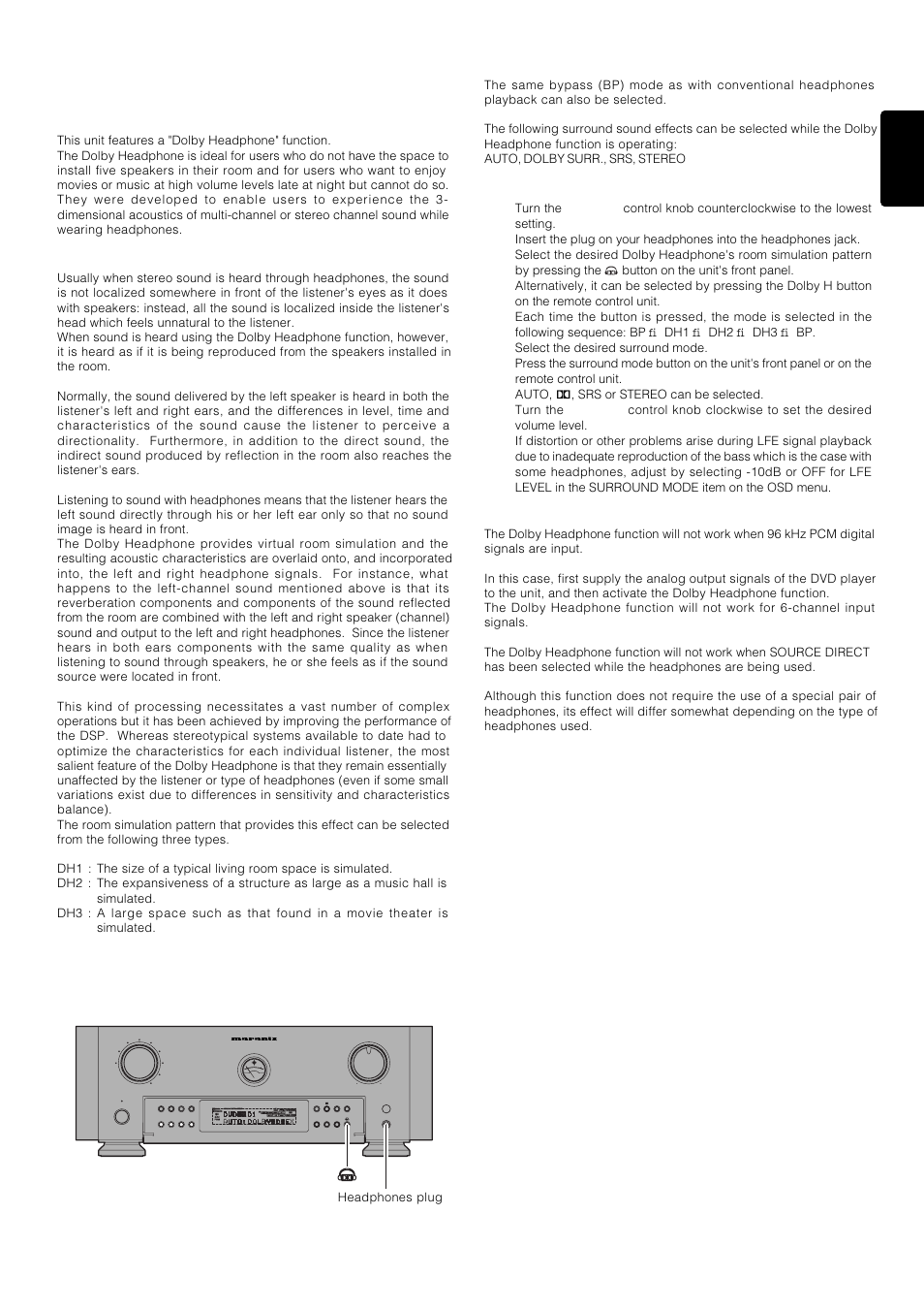 Listening through head- phones, 19 english, Operation | Temp, Effects of dolby headphone | Marantz PS-17 User Manual | Page 29 / 44