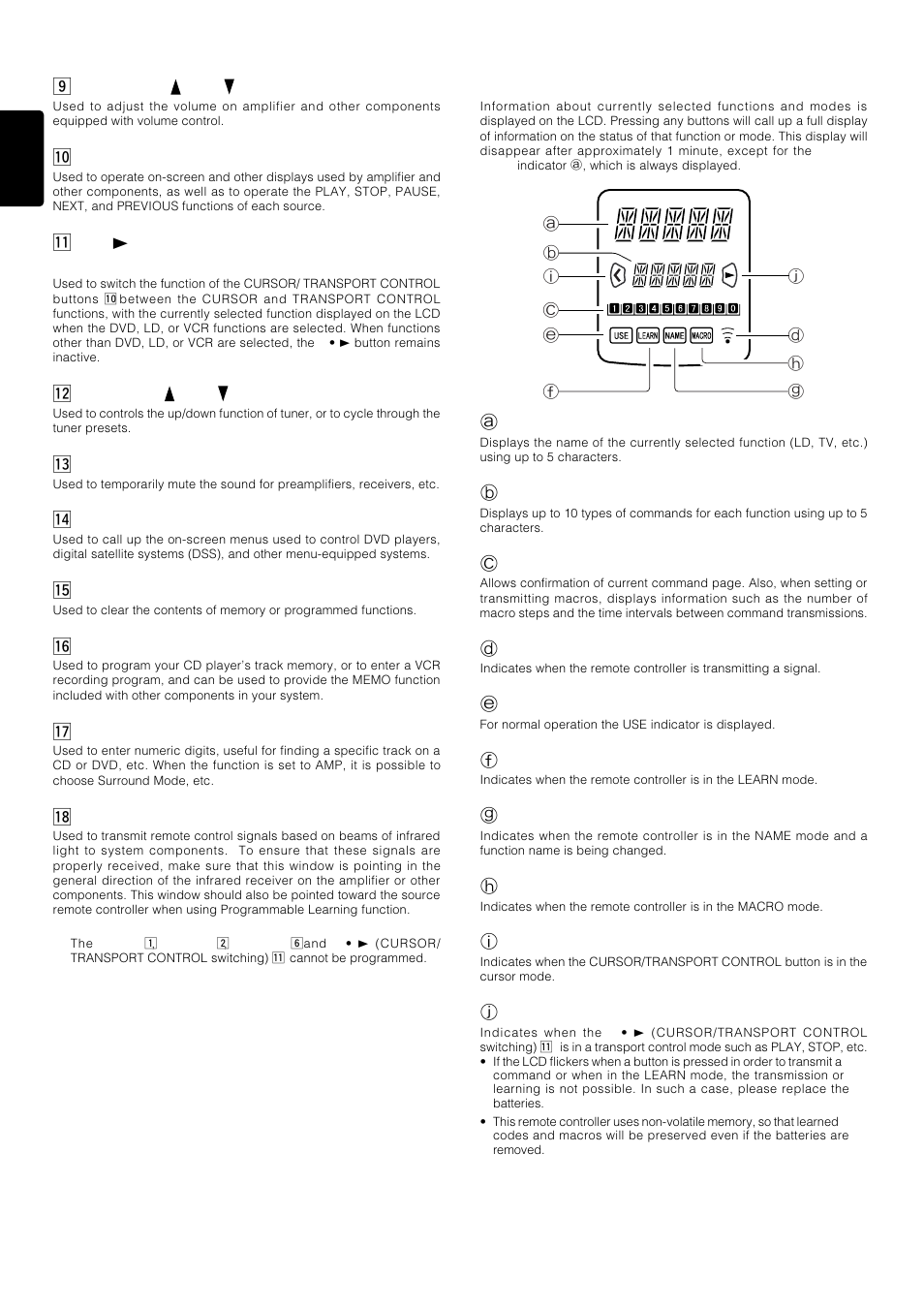 Volume up / down buttons, 0 cursor/transport control buttons, 2 channel up / down buttons | 3 mute button, 4 guide button, 5 clear button, 7 ten-key pad/surround mode buttons, 8 infrared transmitter/receiver window, Lcd (liquid crystal display), Afunction name indicator | Marantz PS-17 User Manual | Page 32 / 44