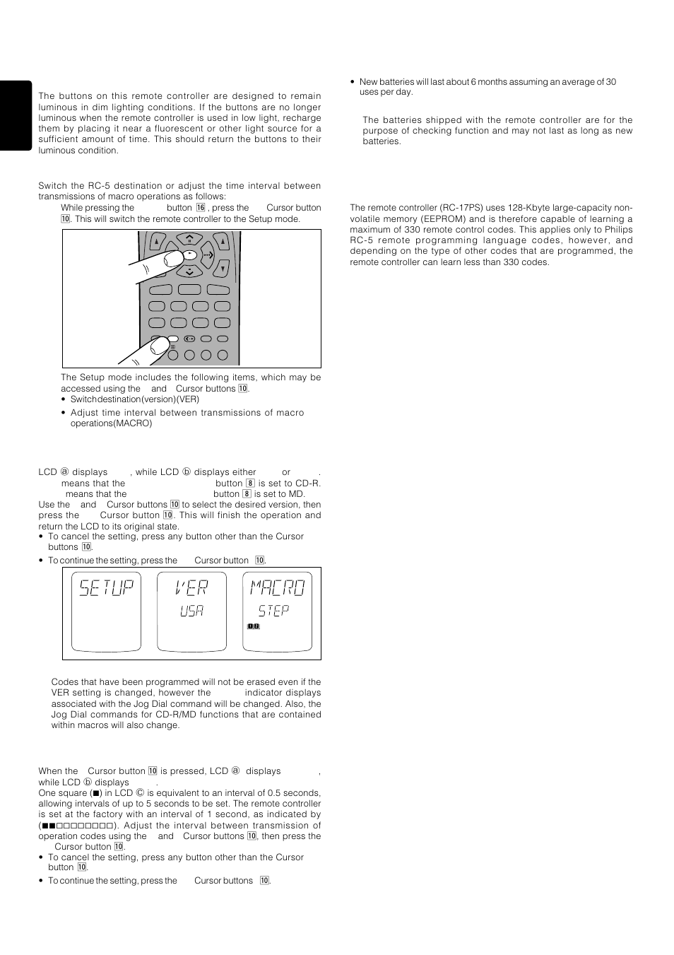 Other functions, Battery life, Number of learnable codes | 30 english, Luminous buttons, Setup | Marantz PS-17 User Manual | Page 40 / 44