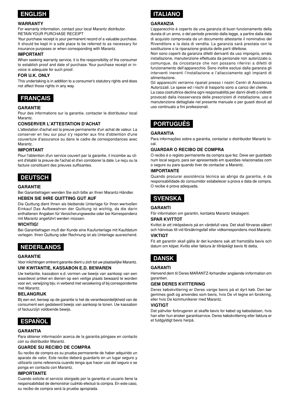 English, Français, Deutsch | Nederlands, Español, Italiano, Português, Svenska, Dansk | Marantz PM8200 User Manual | Page 2 / 12