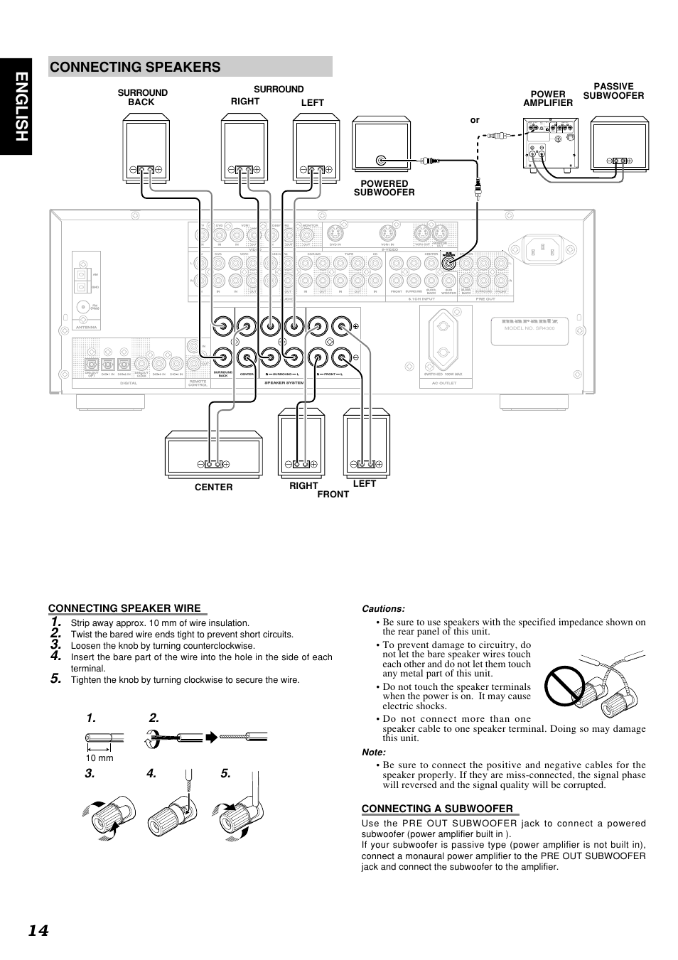 14 english, Connecting speakers, Connecting speaker wire | Cautions, Strip away approx. 10 mm of wire insulation, Loosen the knob by turning counterclockwise | Marantz SR4300N User Manual | Page 17 / 46