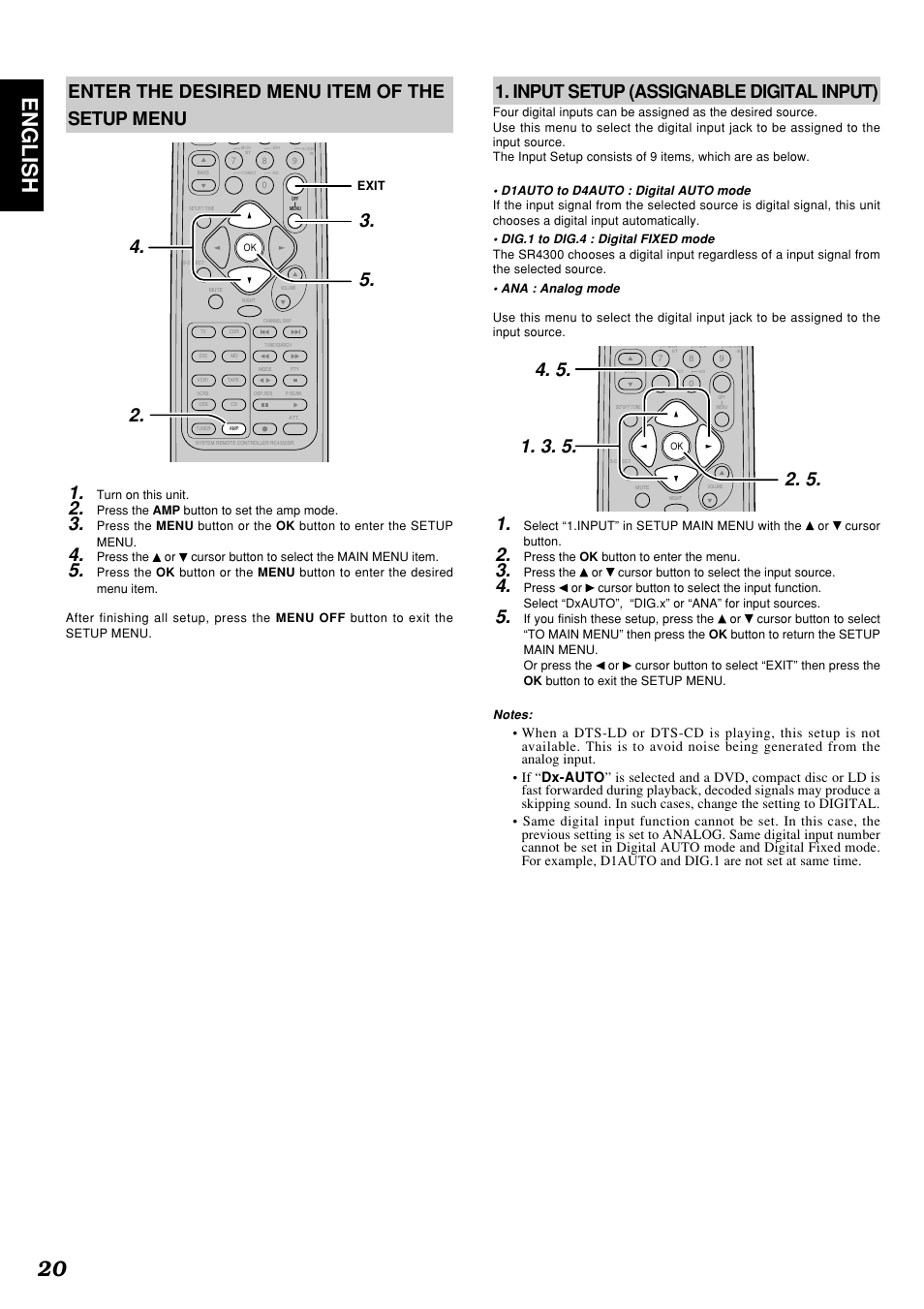 20 english, Enter the desired menu item of the setup menu 1, Input setup (assignable digital input) | Marantz SR4300N User Manual | Page 23 / 46