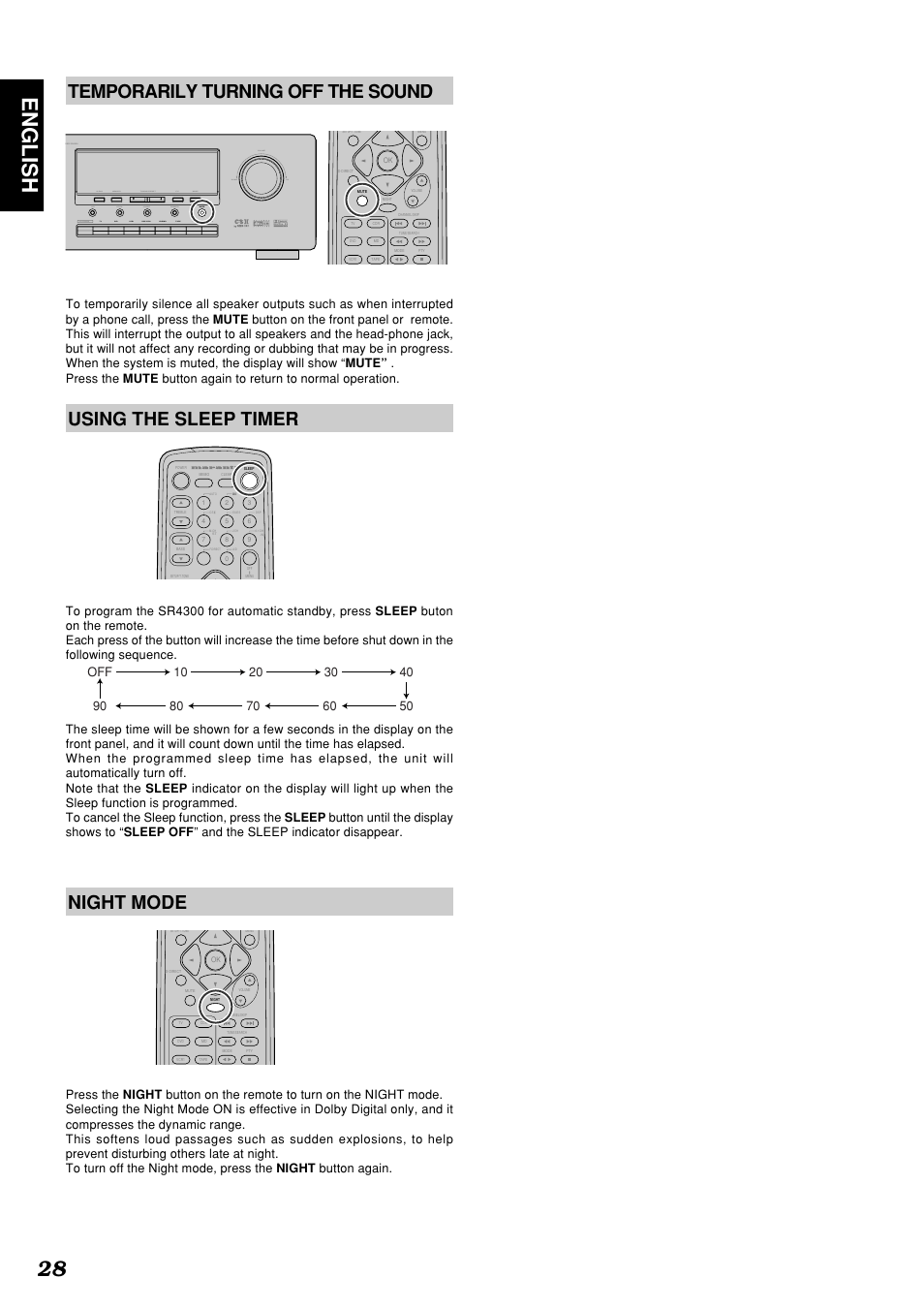 28 english, Temporarily turning off the sound, Using the sleep timer | Night mode | Marantz SR4300N User Manual | Page 31 / 46