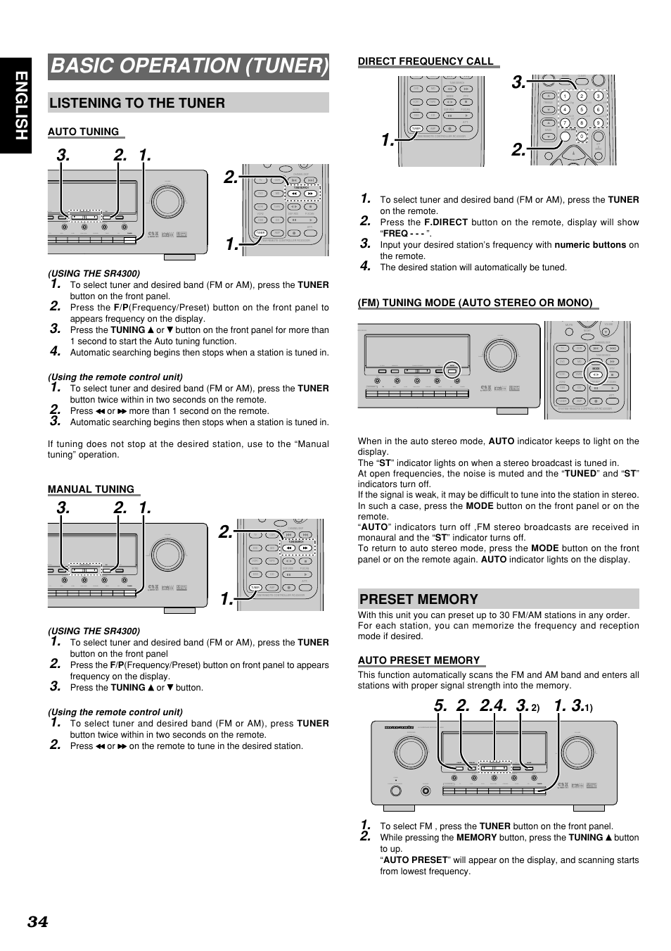Basic operation (tuner), 34 english, Listening to the tuner | Marantz SR4300N User Manual | Page 37 / 46