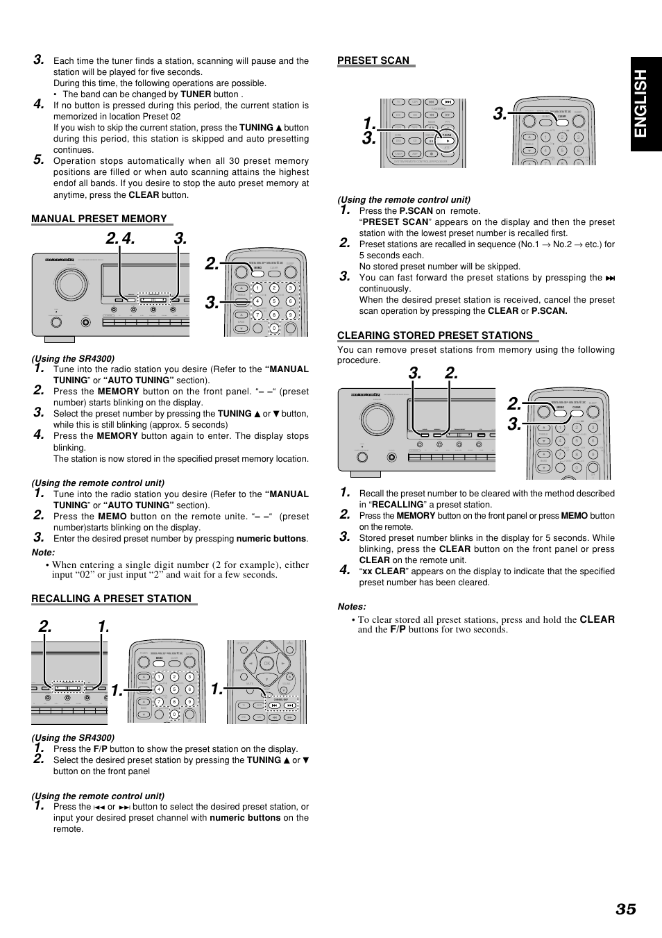 35 english, Preset scan, Clearing stored preset stations | Using the sr4300), Using the remote control unit) | Marantz SR4300N User Manual | Page 38 / 46