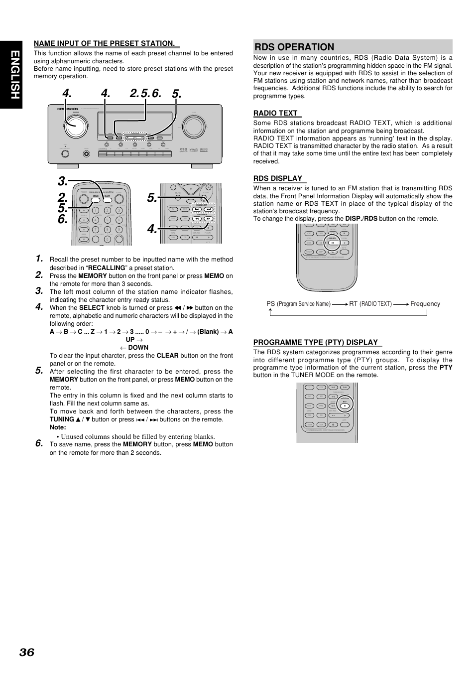 36 english, Rds operation, Name input of the preset station | Unused columns should be filled by entering blanks, Surround, Radio text, Rds display, Programme type (pty) display | Marantz SR4300N User Manual | Page 39 / 46