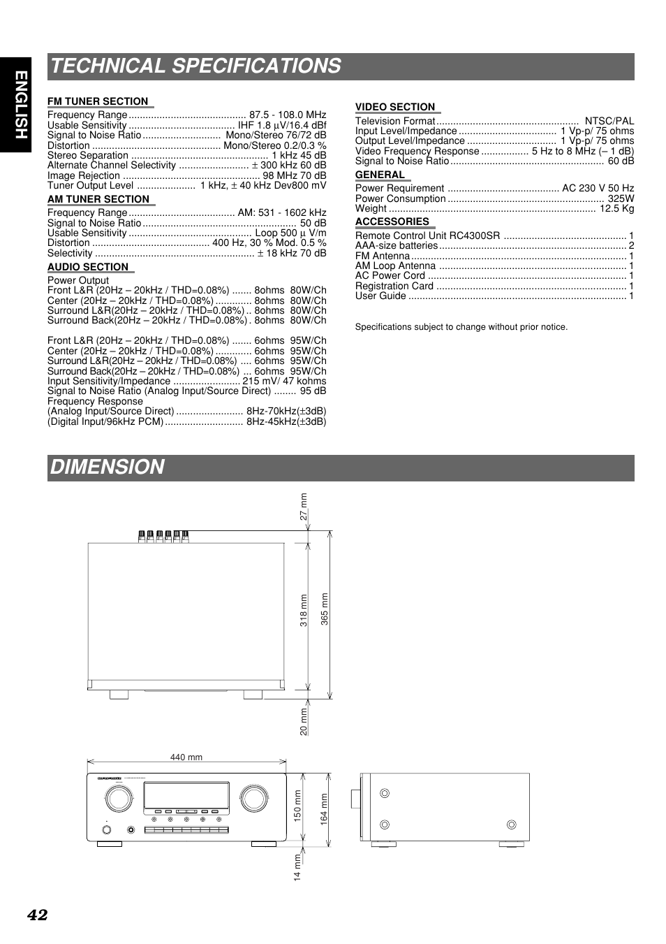 Technical specifications, Dimension, 42 english | Marantz SR4300N User Manual | Page 45 / 46