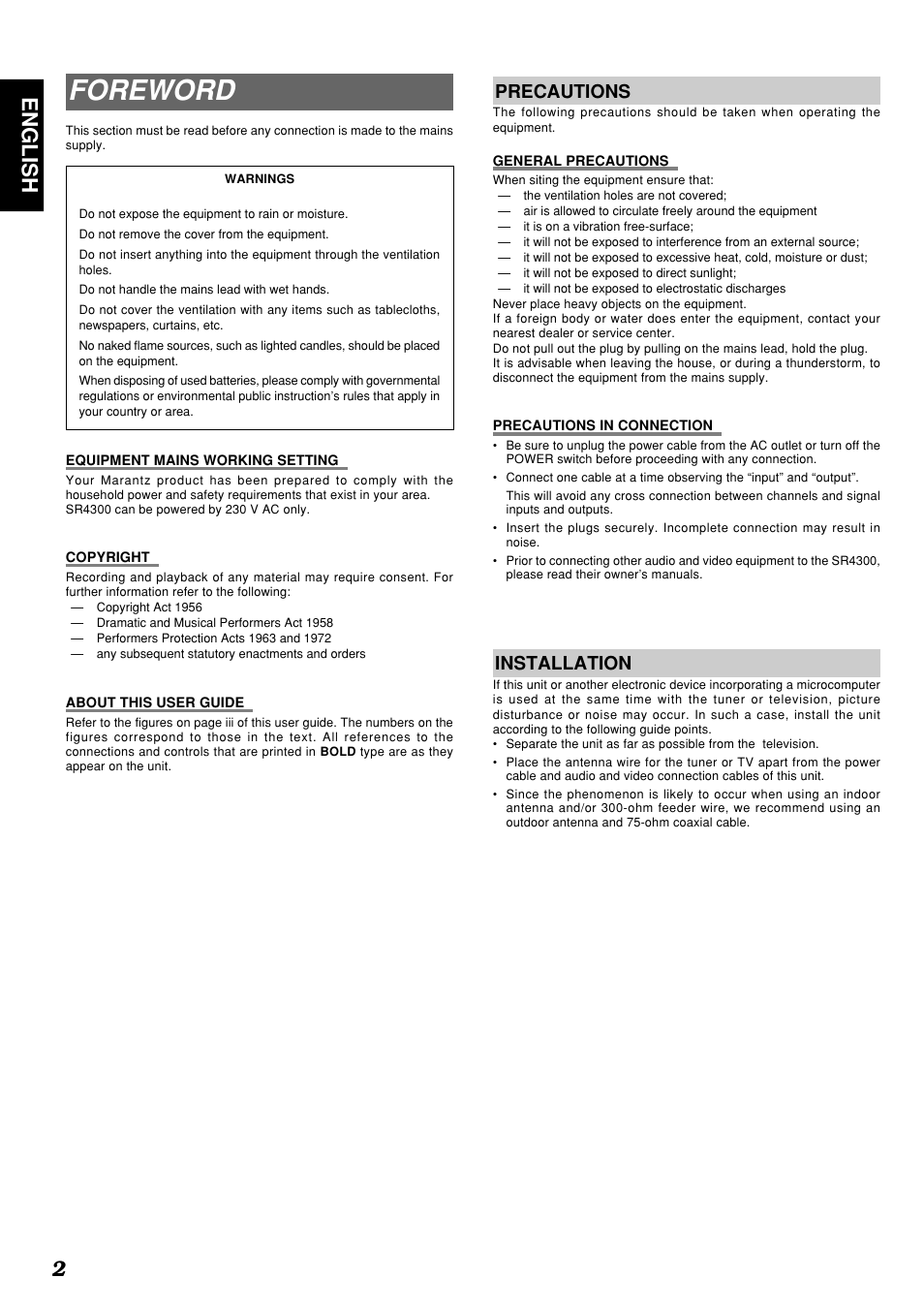 Foreword, 2english, Precautions | Installation | Marantz SR4300N User Manual | Page 5 / 46