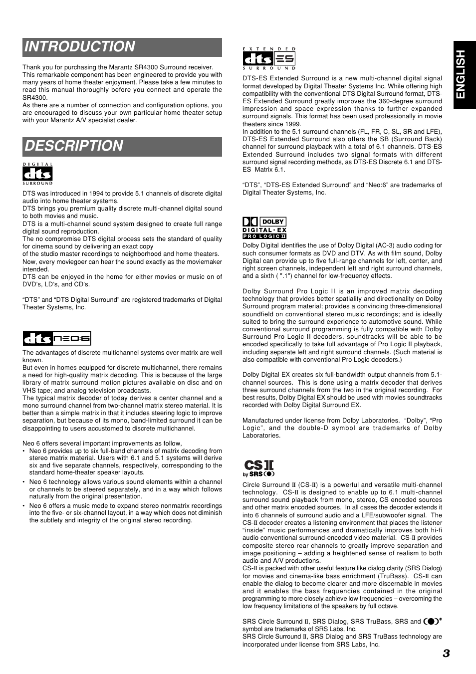 Introduction, Description, 3english | Marantz SR4300N User Manual | Page 6 / 46