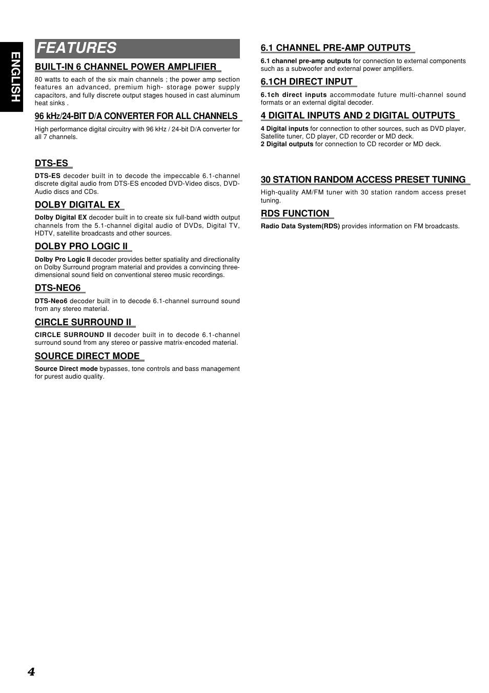 Features, 4english | Marantz SR4300N User Manual | Page 7 / 46