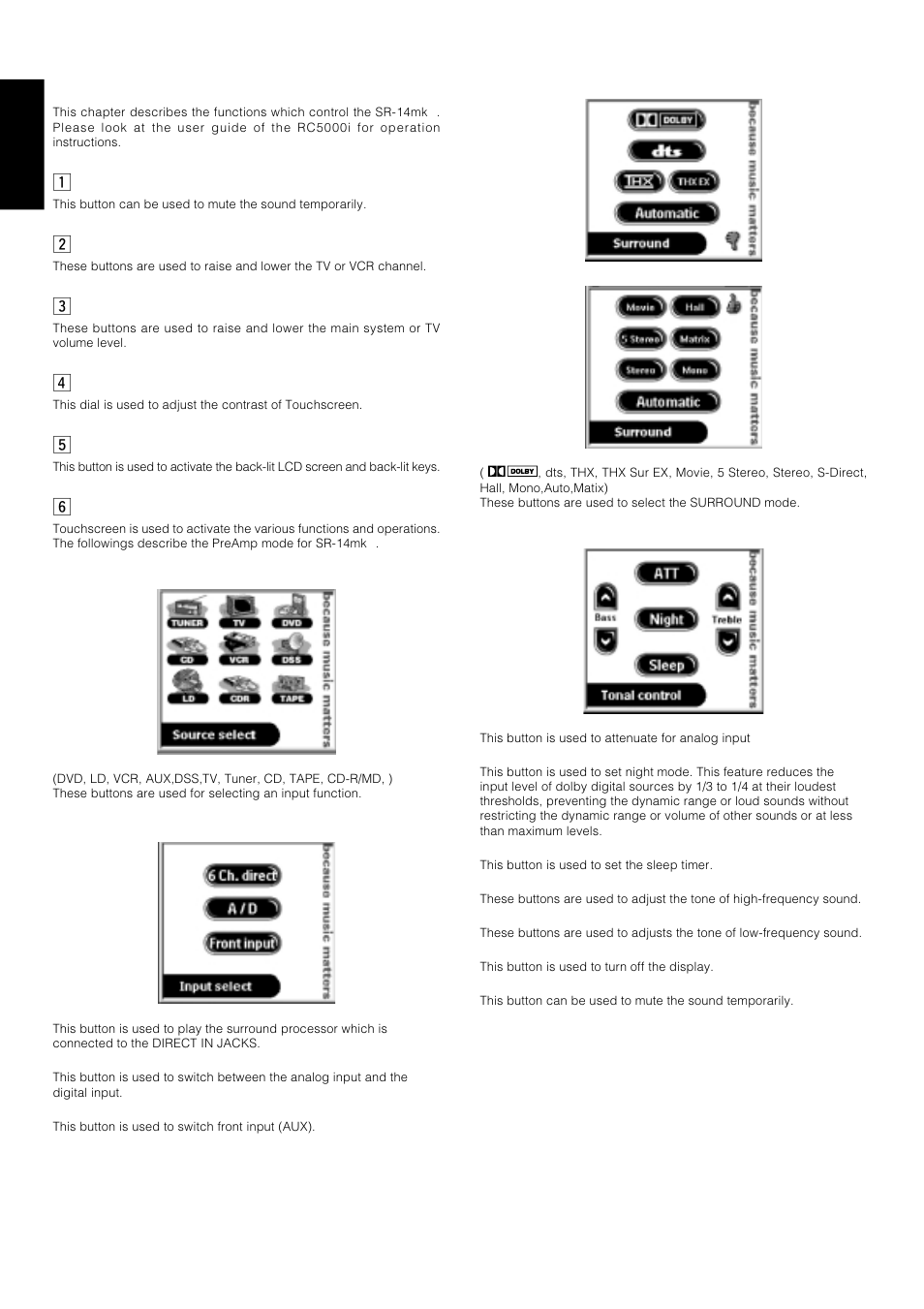 Remote control unit rc5000i, English, Zmute button | Xchannel up (+) and down (-), Cvolume up (+) and down (-), Vcontrast (+, –) dial, Bbacklighting button, Ntouchscreen | Marantz SR-14mkII User Manual | Page 17 / 35