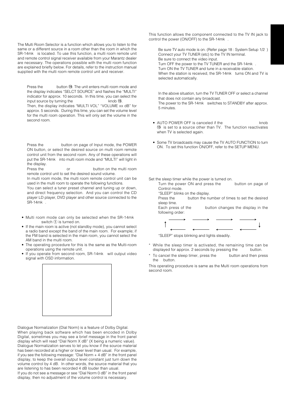 Other functions, Multi room selector, Tv auto on/off function | Setting the sleep timer (only remote control unit), English | Marantz SR-14mkII User Manual | Page 28 / 35