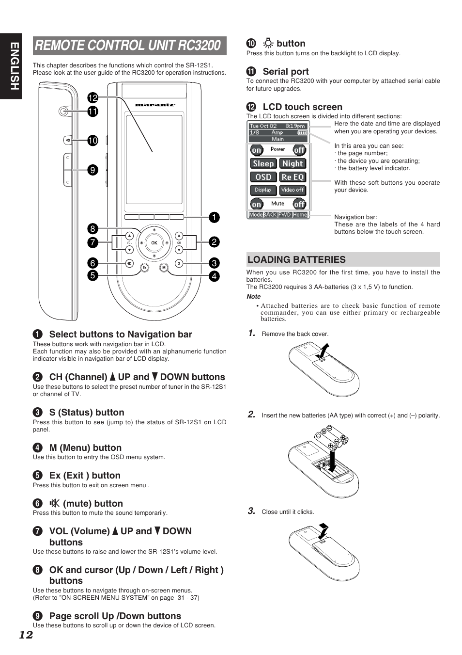 Remote control unit rc3200, 12 english, J ˆ button | K serial port, L lcd touch screen, Loading batteries, A select buttons to navigation bar, B ch (channel) up and down buttons, C s (status) button, D m (menu) button | Marantz SR-12S1N User Manual | Page 15 / 58