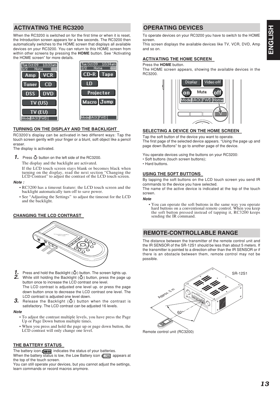 13 english, Activating the rc3200, Operating devices | Remote-controllable range | Marantz SR-12S1N User Manual | Page 16 / 58