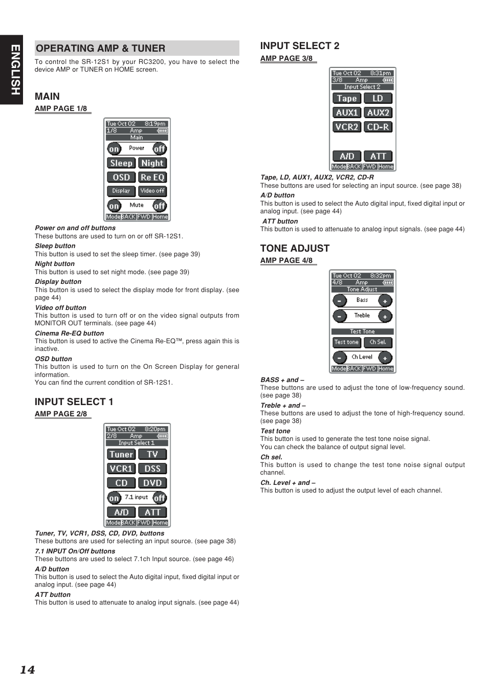 14 english, Operating amp & tuner, Main | Input select 1, Input select 2, Tone adjust | Marantz SR-12S1N User Manual | Page 17 / 58